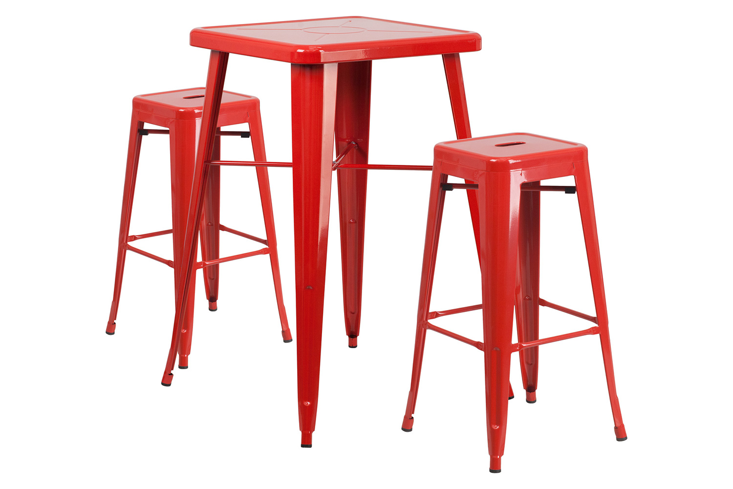 BLNK Stone Commercial Square Metal Indoor-Outdoor Bar Table Set with 2 Square Seat Backless Stools - Red