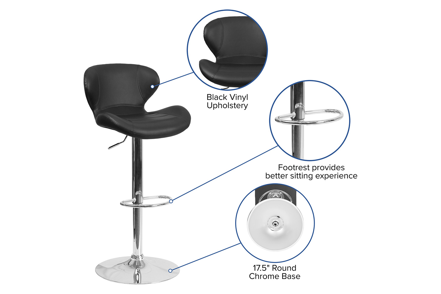 BLNK™ Francis Vinyl Adjustable Height Bar Stool with Curved Back and Chrome Base - Black