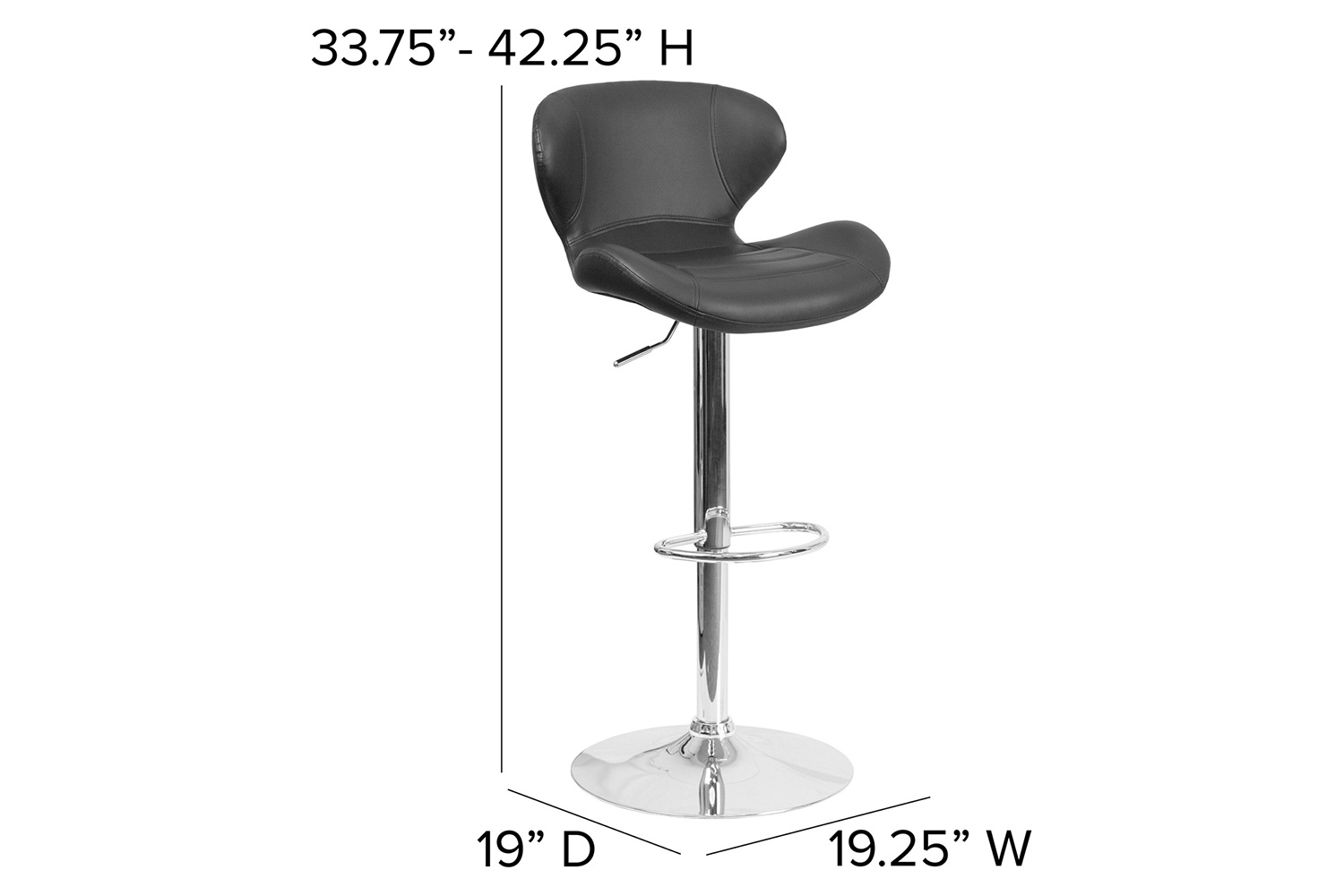 BLNK™ Francis Vinyl Adjustable Height Bar Stool with Curved Back and Chrome Base - Black