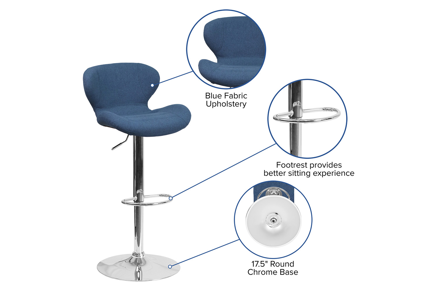 BLNK™ Francis Fabric Adjustable Height Bar Stool with Curved Back and Chrome Base - Blue