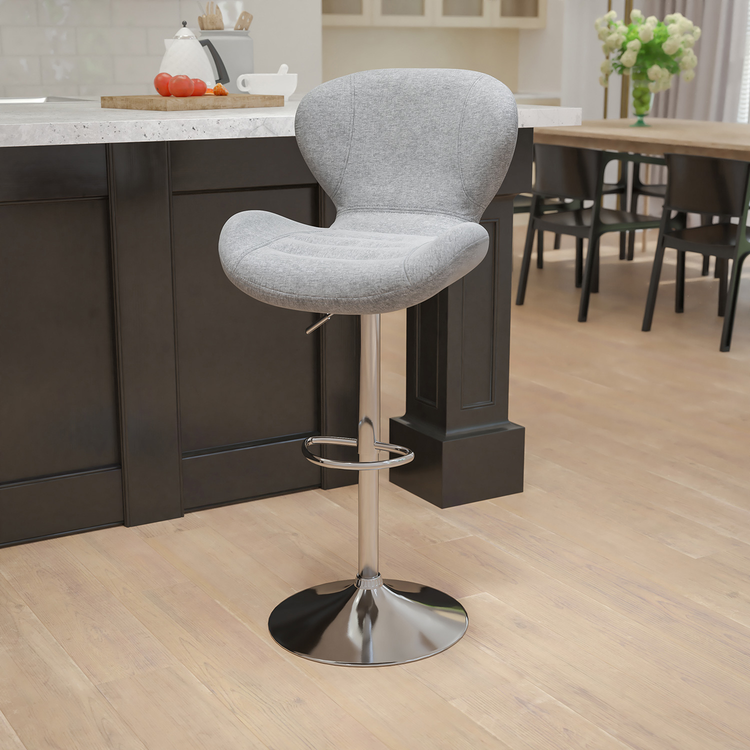 BLNK Francis Fabric Adjustable Height Bar Stool with Curved Back and Chrome Base