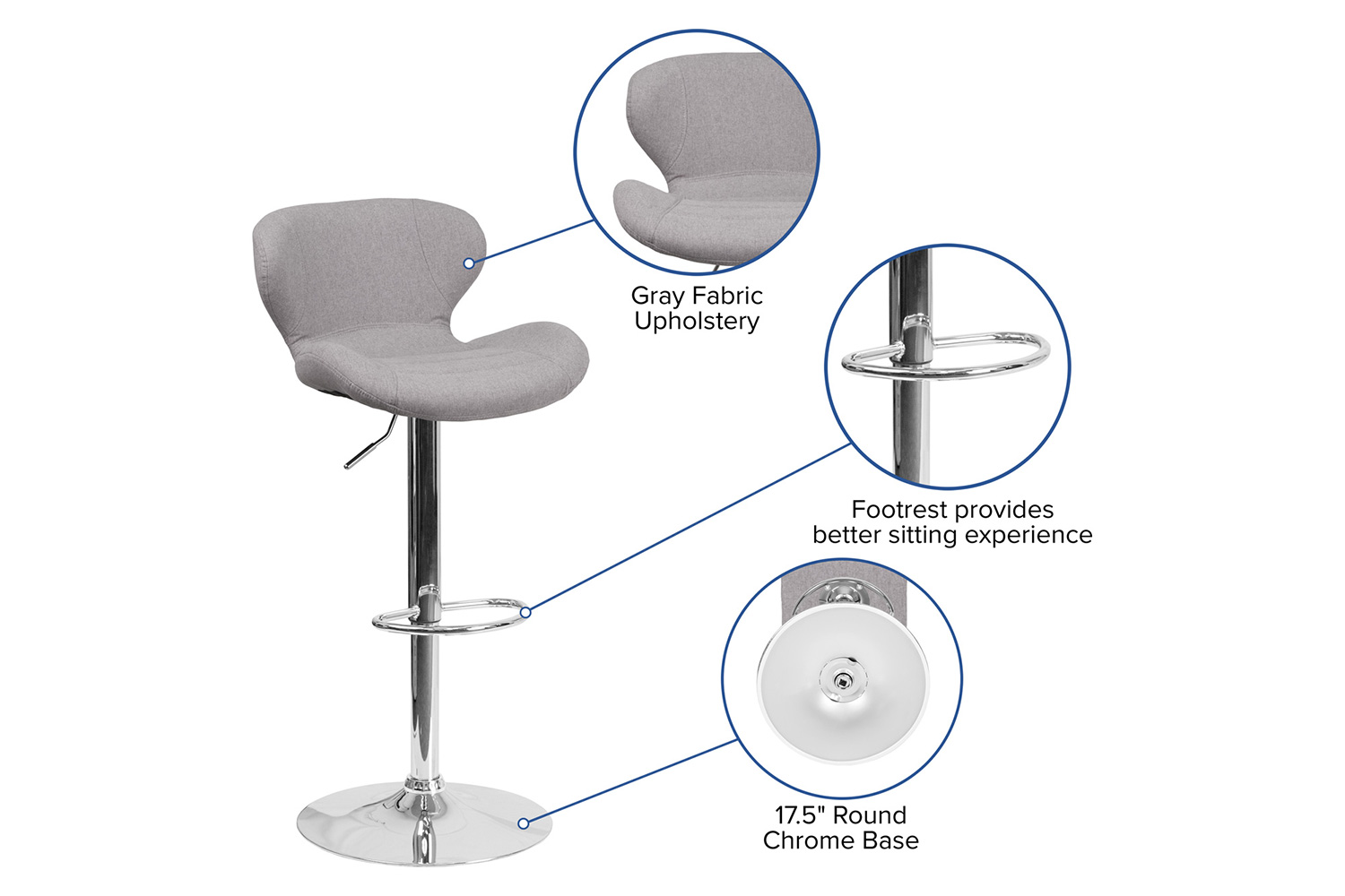 BLNK Francis Fabric Adjustable Height Bar Stool with Curved Back and Chrome Base - Gray