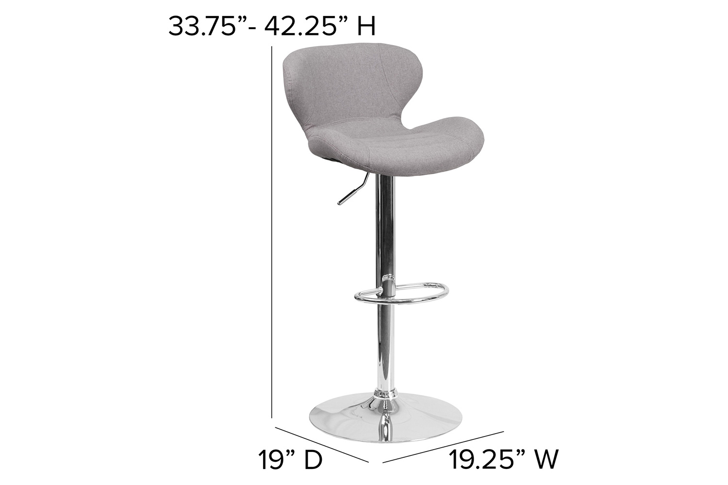 BLNK Francis Fabric Adjustable Height Bar Stool with Curved Back and Chrome Base - Gray