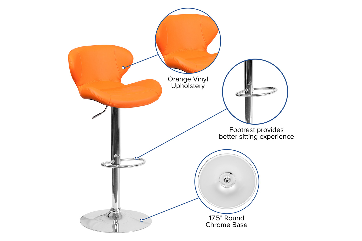 BLNK Francis Vinyl Adjustable Height Bar Stool with Curved Back and Chrome Base - Orange