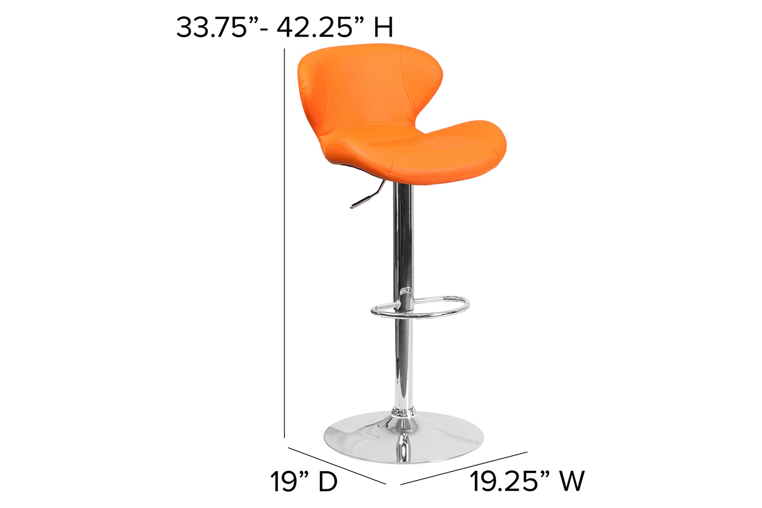 BLNK Francis Vinyl Adjustable Height Bar Stool with Curved Back and Chrome Base - Orange