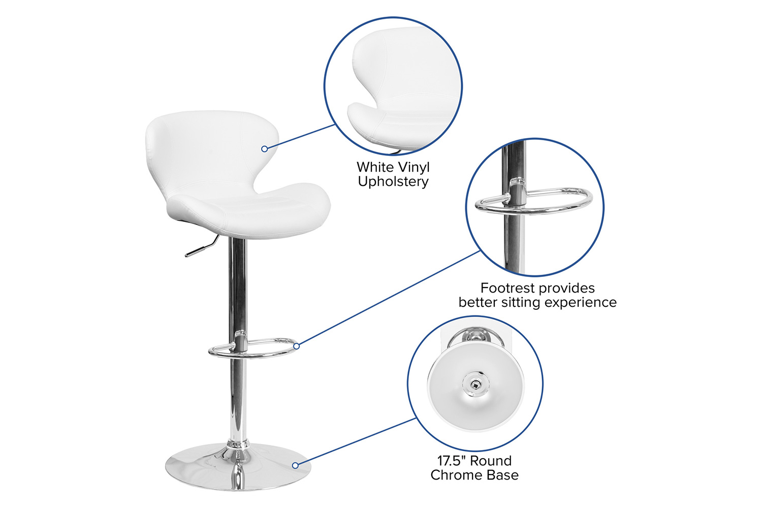 BLNK Francis Vinyl Adjustable Height Bar Stool with Curved Back and Chrome Base - White