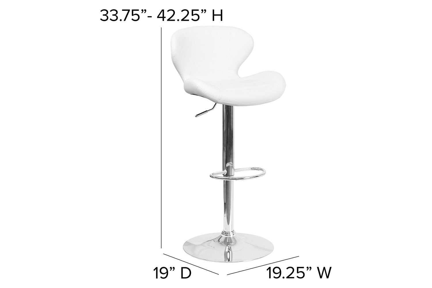 BLNK Francis Vinyl Adjustable Height Bar Stool with Curved Back and Chrome Base - White