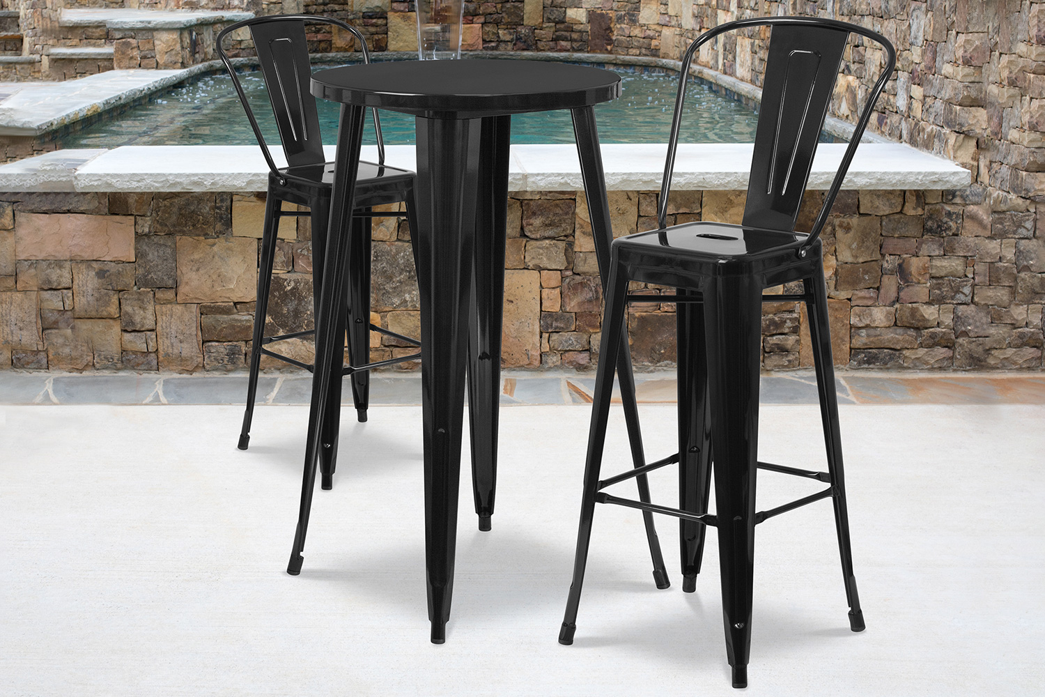 BLNK Nichols Commercial Round Metal Indoor-Outdoor Bar Table Set with 2 Cafe Stools