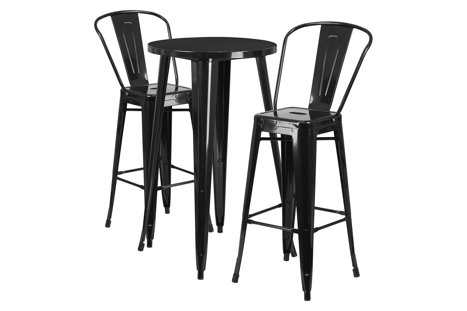 BLNK Nichols Commercial Round Metal Indoor-Outdoor Bar Table Set with 2 Cafe Stools - Black