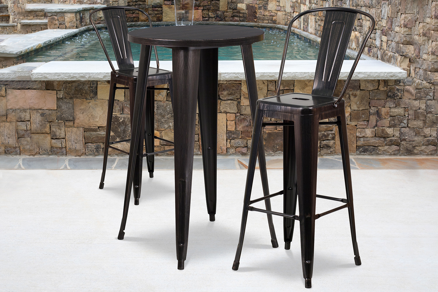 BLNK Nichols Commercial Round Metal Indoor-Outdoor Bar Table Set with 2 Cafe Stools