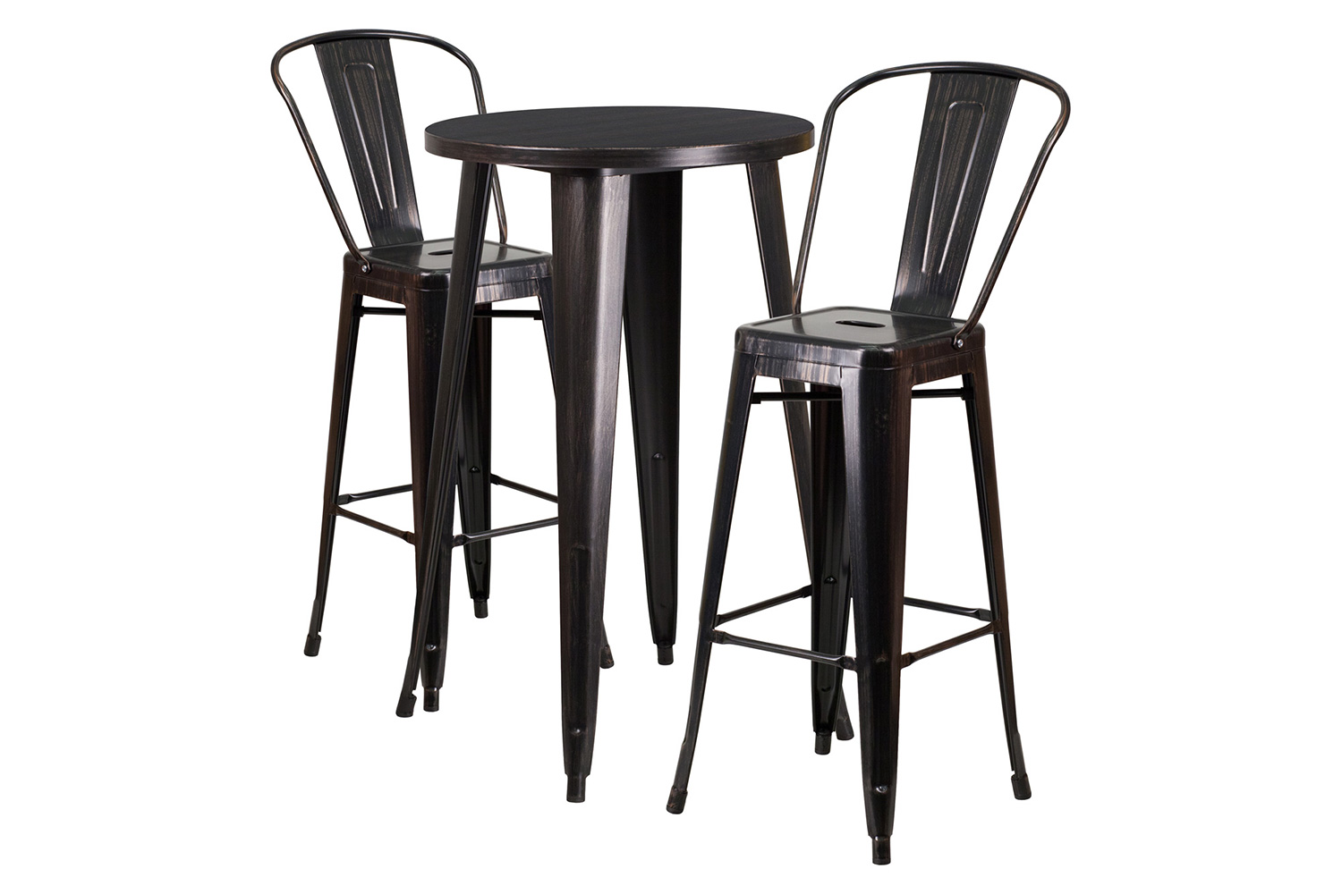 BLNK Nichols Commercial Round Metal Indoor-Outdoor Bar Table Set with 2 Cafe Stools - Black/Antique Gold