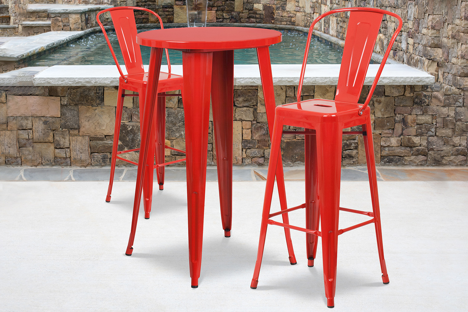 BLNK Nichols Commercial Round Metal Indoor-Outdoor Bar Table Set with 2 Cafe Stools