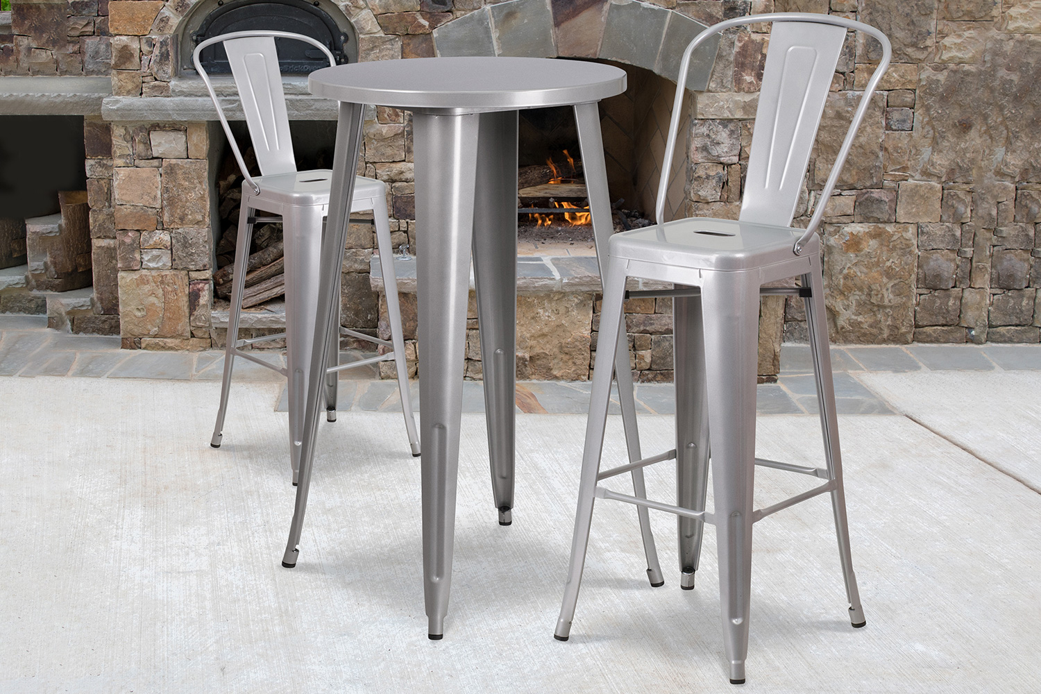 BLNK Nichols Commercial Round Metal Indoor-Outdoor Bar Table Set with 2 Cafe Stools