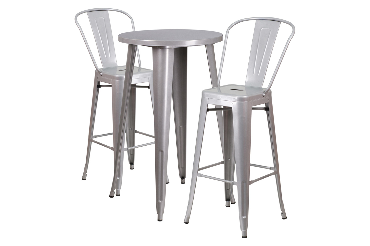 BLNK Nichols Commercial Round Metal Indoor-Outdoor Bar Table Set with 2 Cafe Stools - Silver