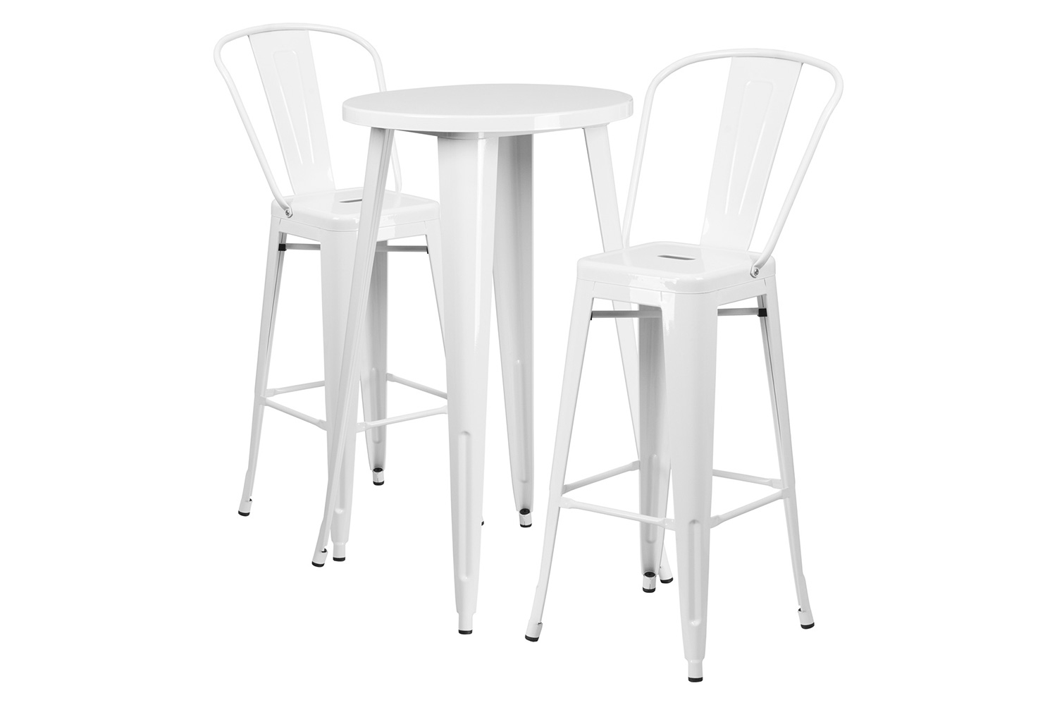 BLNK Nichols Commercial Round Metal Indoor-Outdoor Bar Table Set with 2 Cafe Stools - White