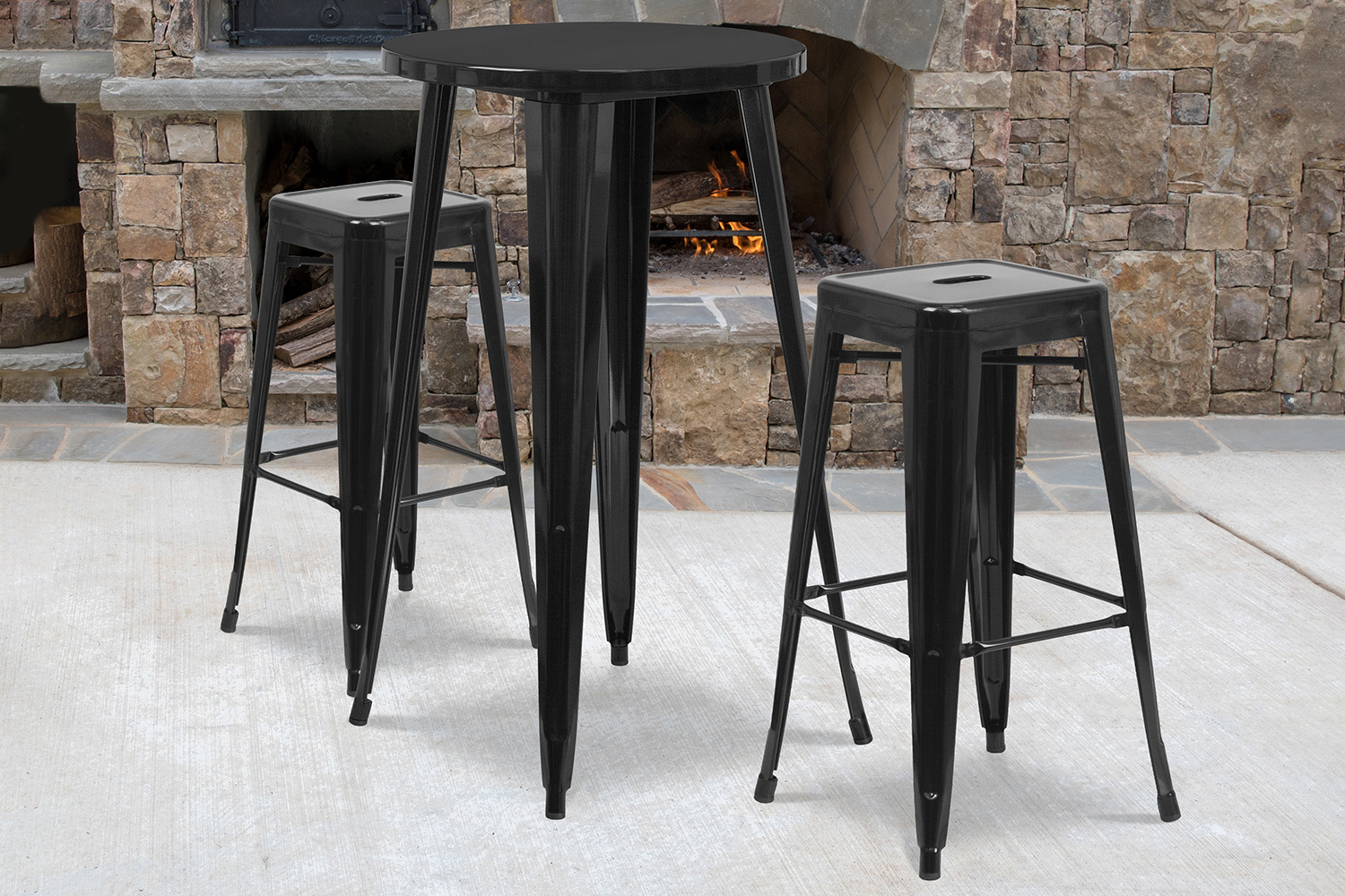 BLNK Douglas Commercial Round Metal Indoor-Outdoor Bar Table Set with 2 Square Seat Backless Stools