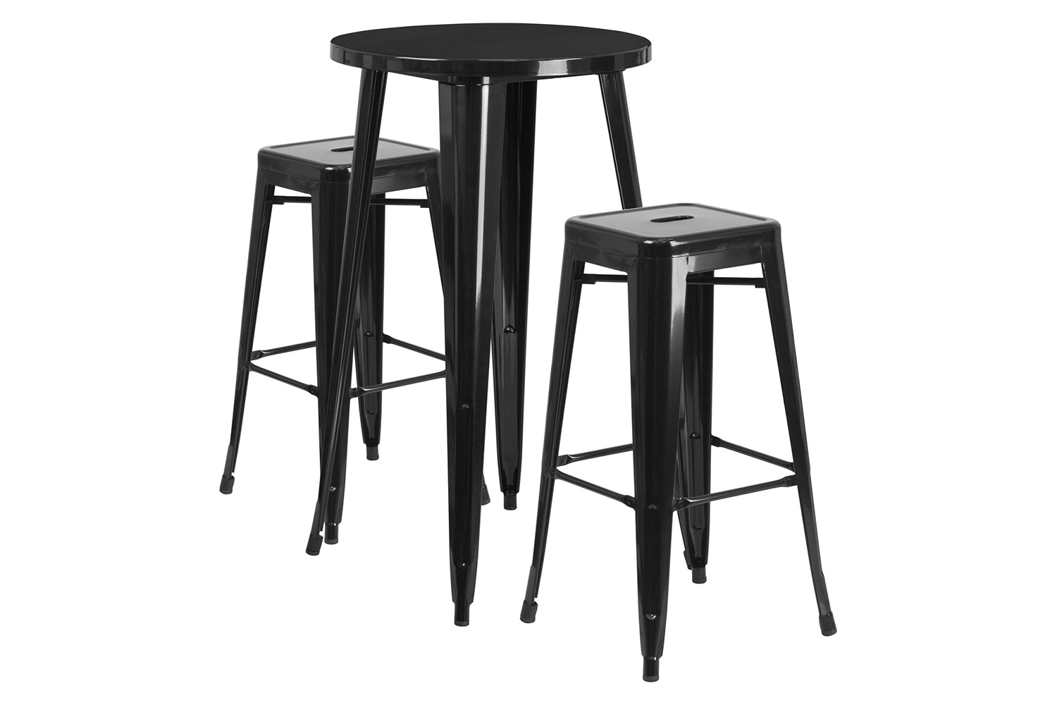 BLNK Douglas Commercial Round Metal Indoor-Outdoor Bar Table Set with 2 Square Seat Backless Stools - Black