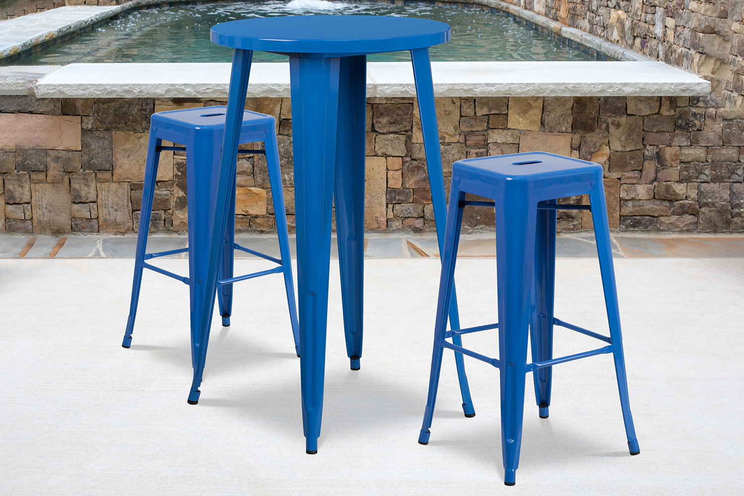 BLNK Douglas Commercial Round Metal Indoor-Outdoor Bar Table Set with 2 Square Seat Backless Stools