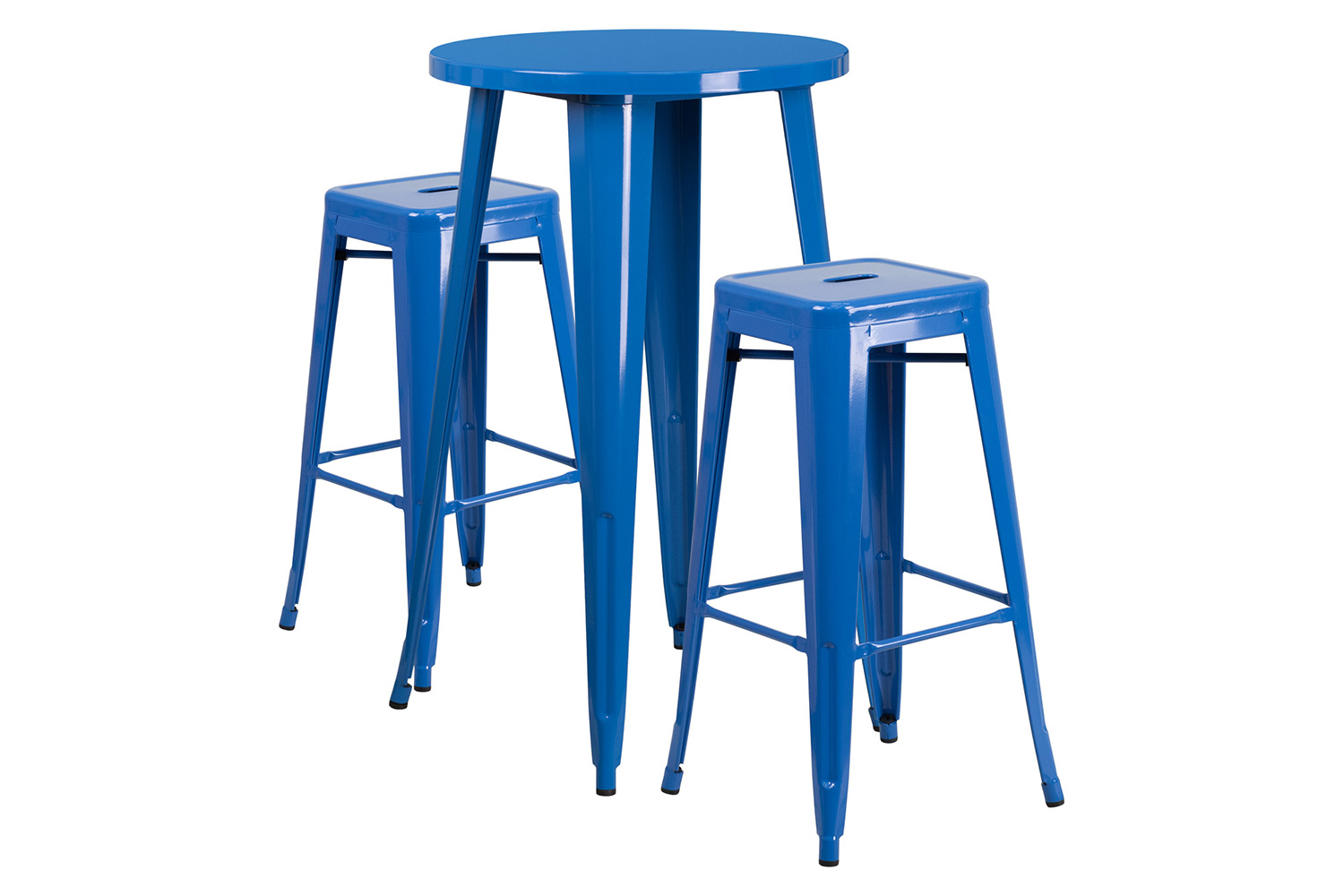 BLNK Douglas Commercial Round Metal Indoor-Outdoor Bar Table Set with 2 Square Seat Backless Stools - Blue