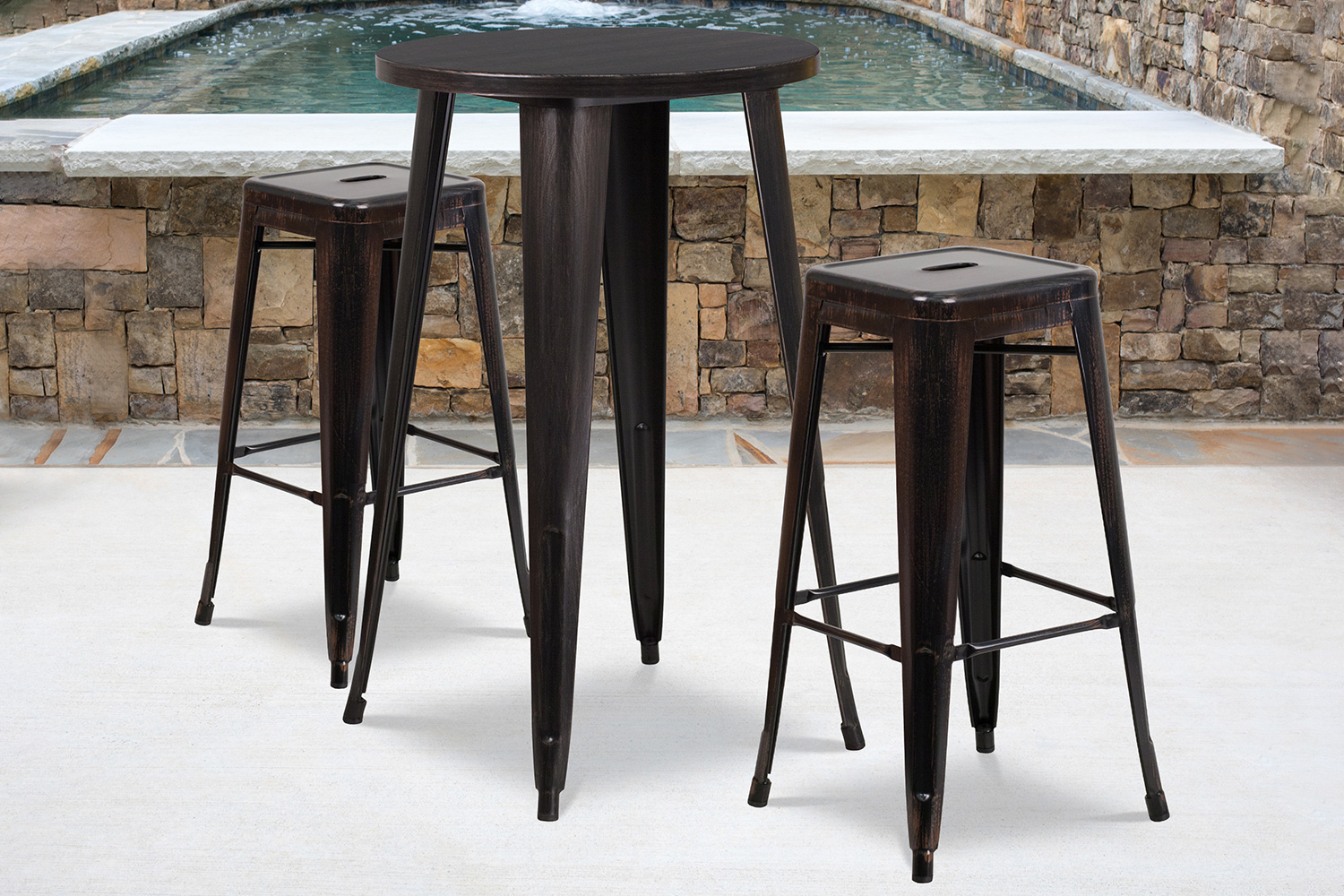 BLNK Douglas Commercial Round Metal Indoor-Outdoor Bar Table Set with 2 Square Seat Backless Stools