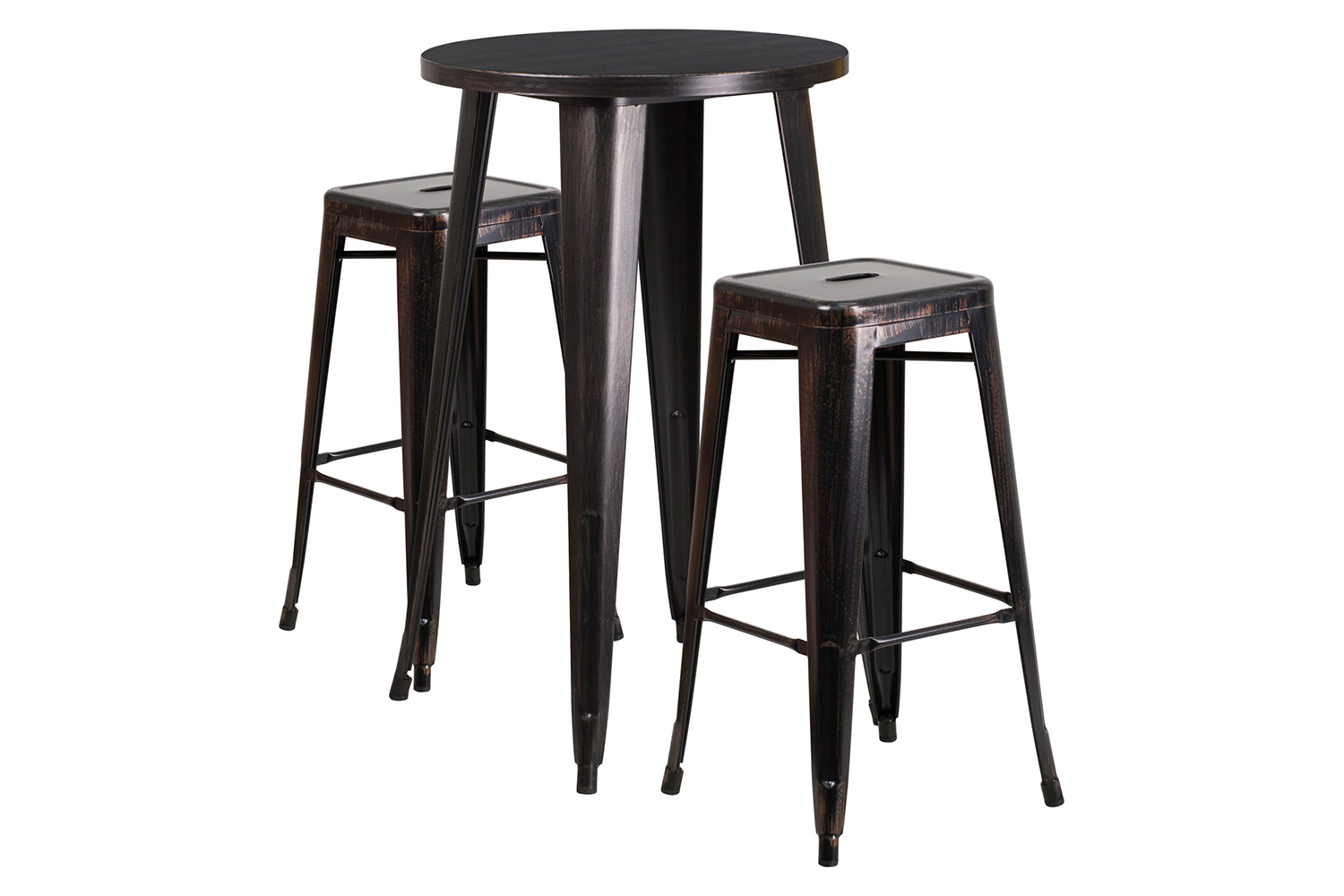 BLNK Douglas Commercial Round Metal Indoor-Outdoor Bar Table Set with 2 Square Seat Backless Stools - Black/Antique Gold