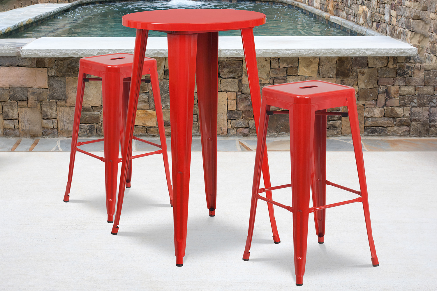 BLNK Douglas Commercial Round Metal Indoor-Outdoor Bar Table Set with 2 Square Seat Backless Stools