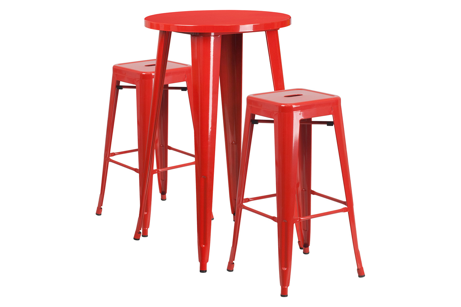 BLNK Douglas Commercial Round Metal Indoor-Outdoor Bar Table Set with 2 Square Seat Backless Stools - Red