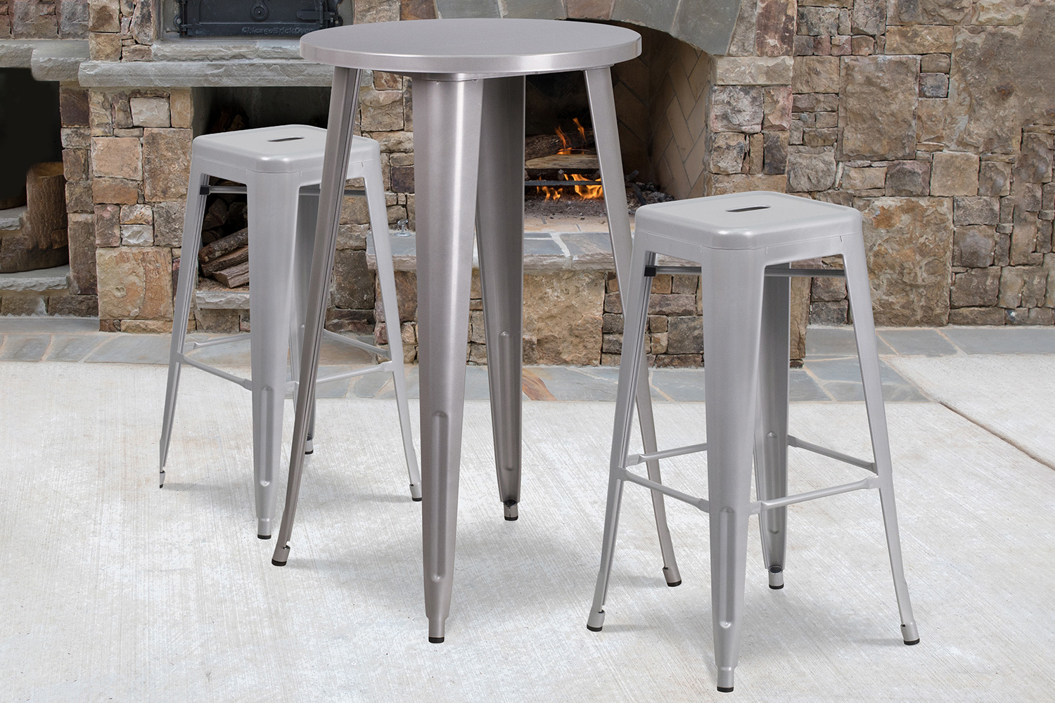 BLNK Douglas Commercial Round Metal Indoor-Outdoor Bar Table Set with 2 Square Seat Backless Stools