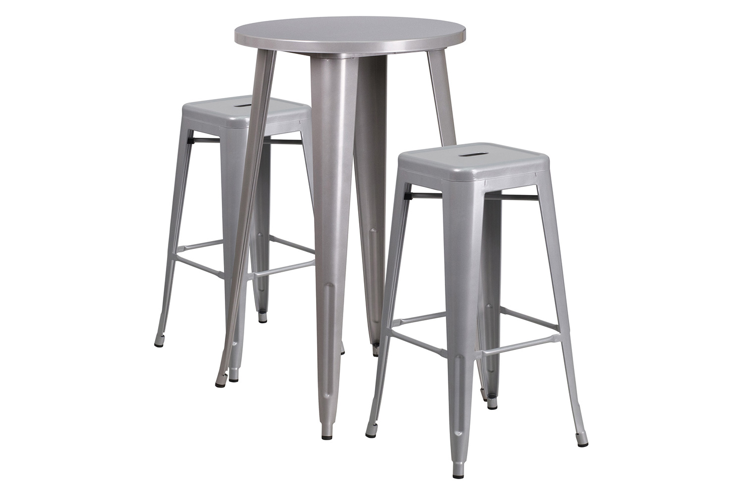 BLNK Douglas Commercial Round Metal Indoor-Outdoor Bar Table Set with 2 Square Seat Backless Stools - Silver