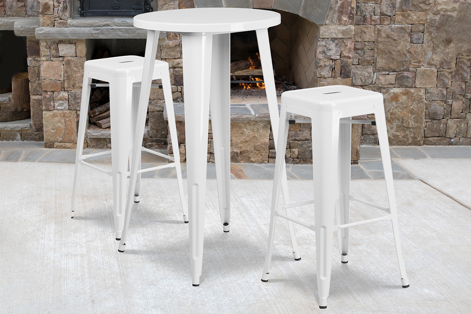 BLNK Douglas Commercial Round Metal Indoor-Outdoor Bar Table Set with 2 Square Seat Backless Stools