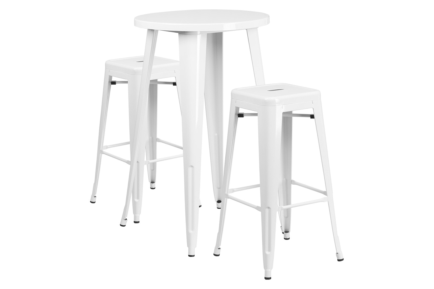 BLNK Douglas Commercial Round Metal Indoor-Outdoor Bar Table Set with 2 Square Seat Backless Stools - White