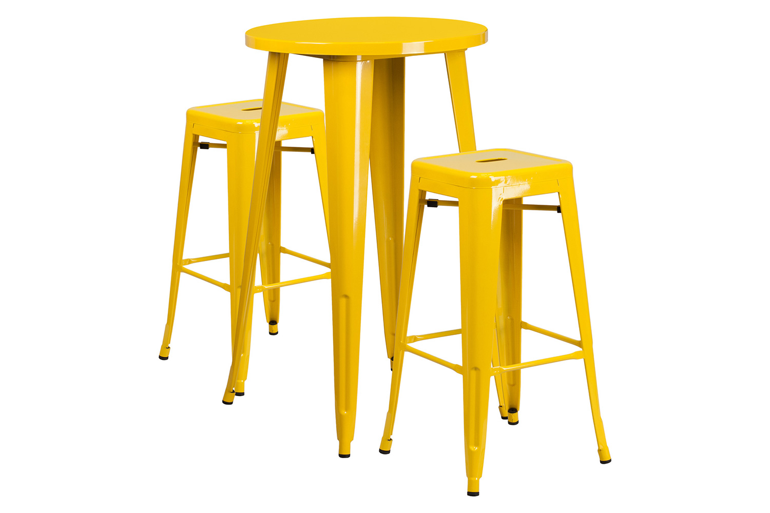 BLNK Douglas Commercial Round Metal Indoor-Outdoor Bar Table Set with 2 Square Seat Backless Stools - Yellow