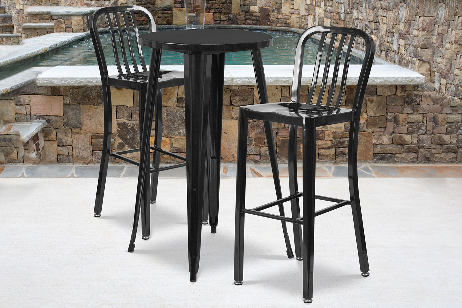 BLNK Earl Commercial Round Metal Indoor-Outdoor Bar Table Set with 2 Vertical Slat Back Stools