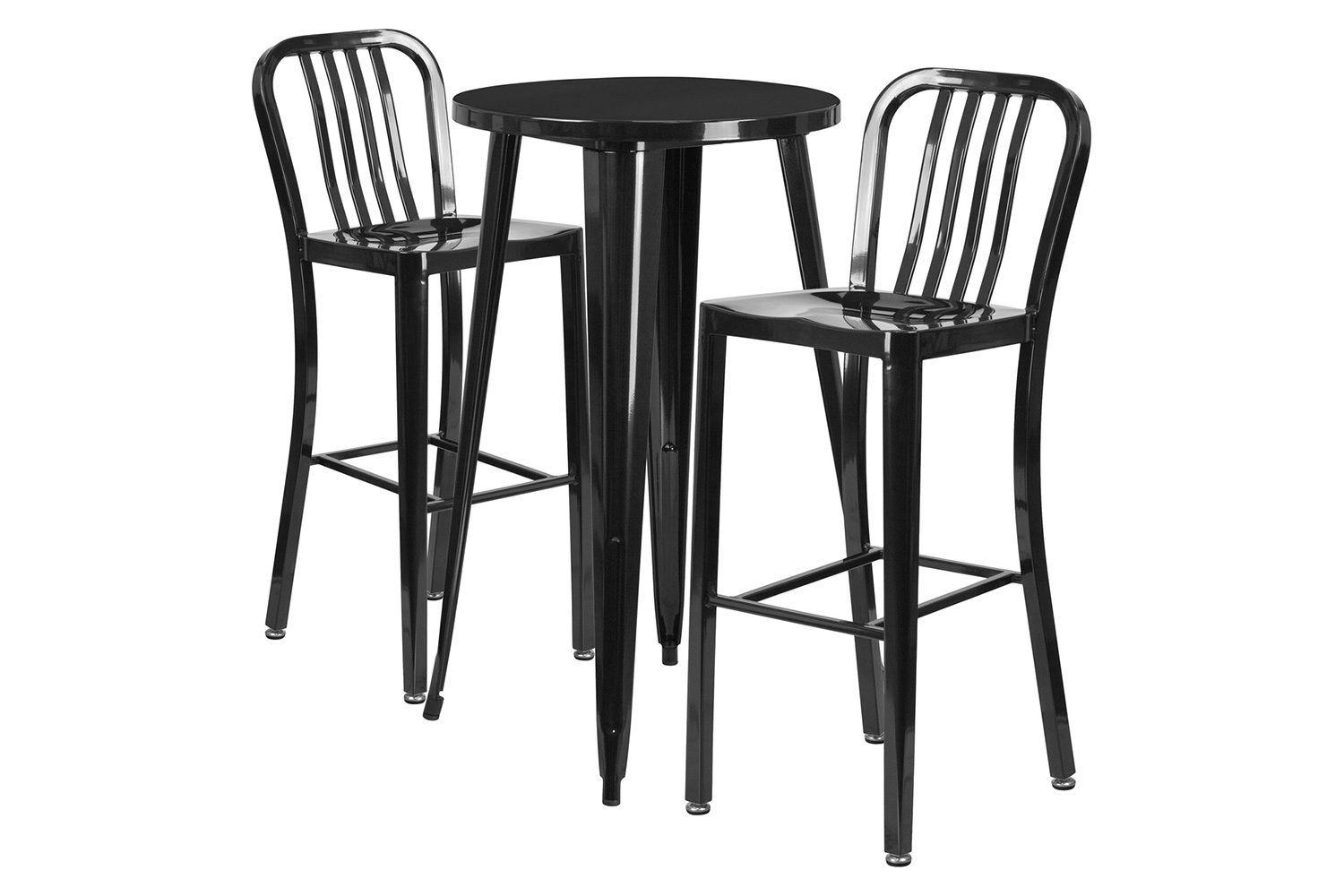 BLNK Earl Commercial Round Metal Indoor-Outdoor Bar Table Set with 2 Vertical Slat Back Stools - Black