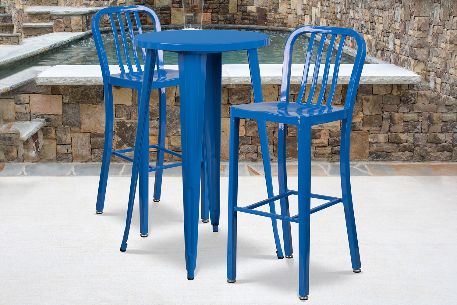 BLNK Earl Commercial Round Metal Indoor-Outdoor Bar Table Set with 2 Vertical Slat Back Stools