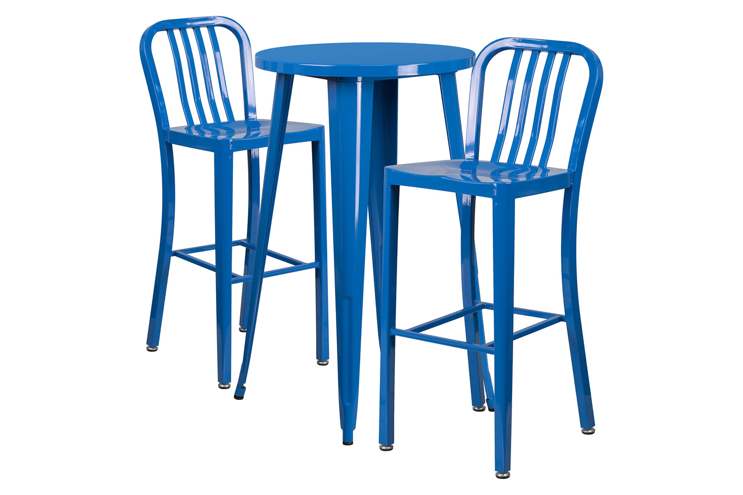 BLNK Earl Commercial Round Metal Indoor-Outdoor Bar Table Set with 2 Vertical Slat Back Stools - Blue