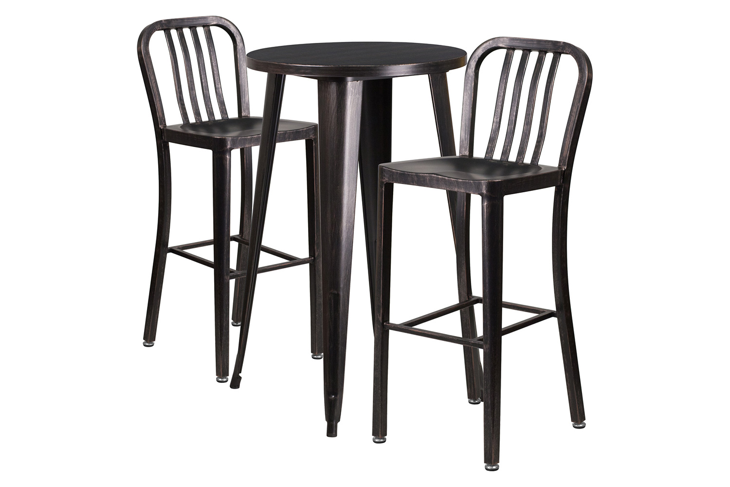 BLNK Earl Commercial Round Metal Indoor-Outdoor Bar Table Set with 2 Vertical Slat Back Stools