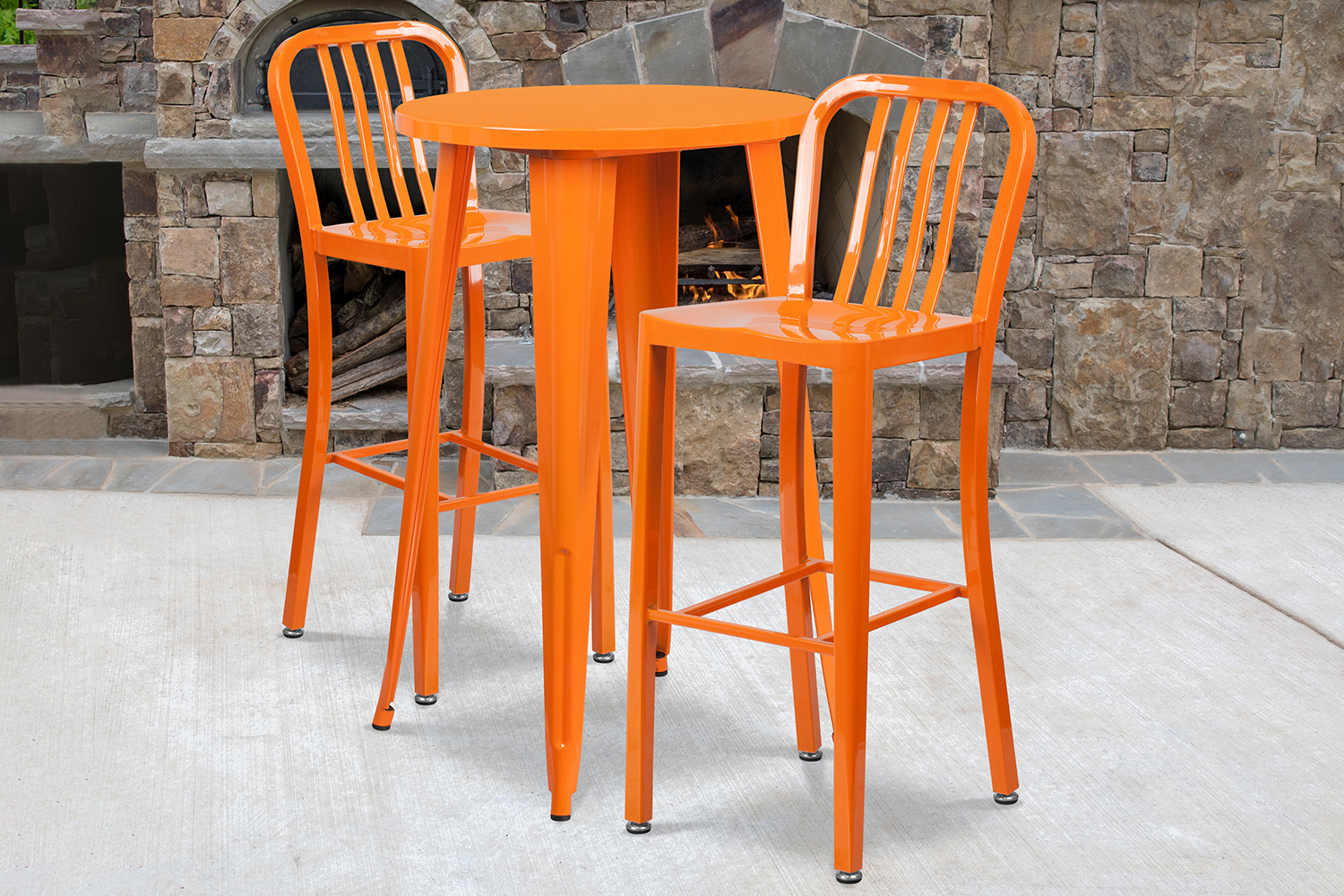 BLNK Earl Commercial Round Metal Indoor-Outdoor Bar Table Set with 2 Vertical Slat Back Stools