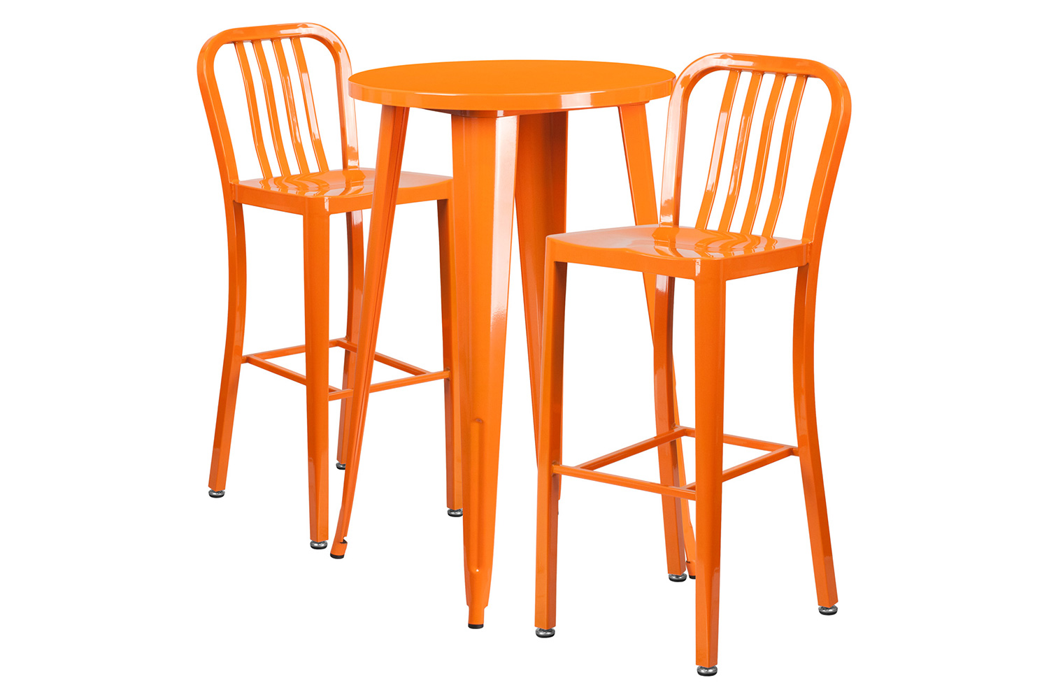 BLNK Earl Commercial Round Metal Indoor-Outdoor Bar Table Set with 2 Vertical Slat Back Stools - Orange