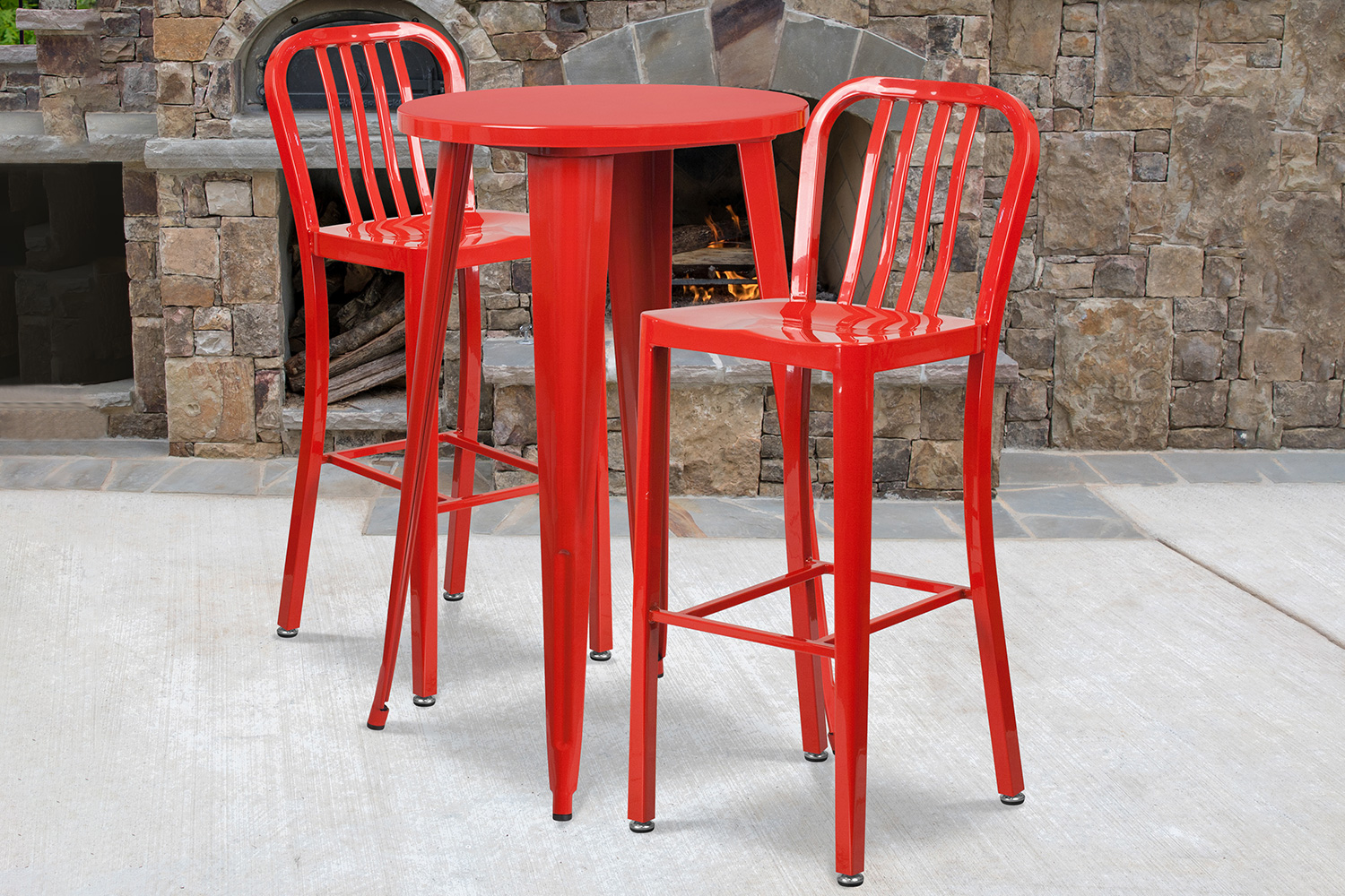 BLNK Earl Commercial Round Metal Indoor-Outdoor Bar Table Set with 2 Vertical Slat Back Stools