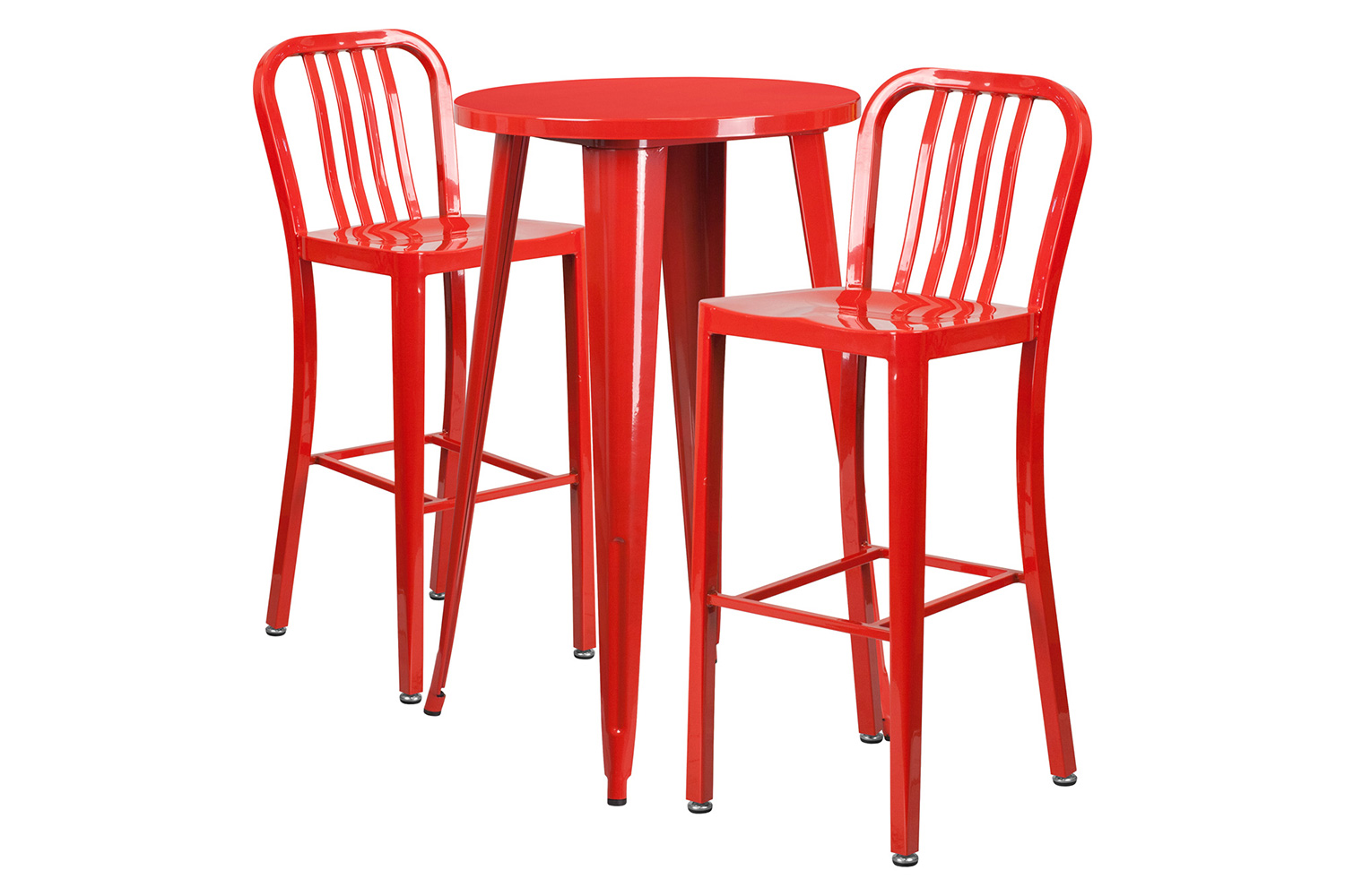 BLNK Earl Commercial Round Metal Indoor-Outdoor Bar Table Set with 2 Vertical Slat Back Stools - Red