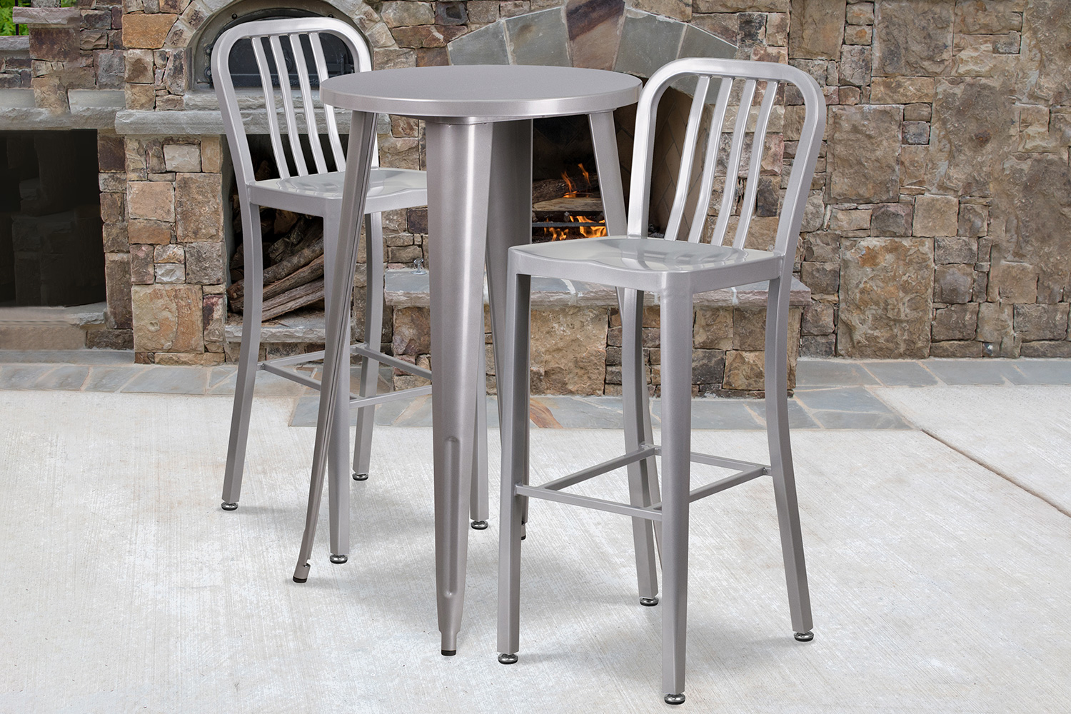 BLNK Earl Commercial Round Metal Indoor-Outdoor Bar Table Set with 2 Vertical Slat Back Stools