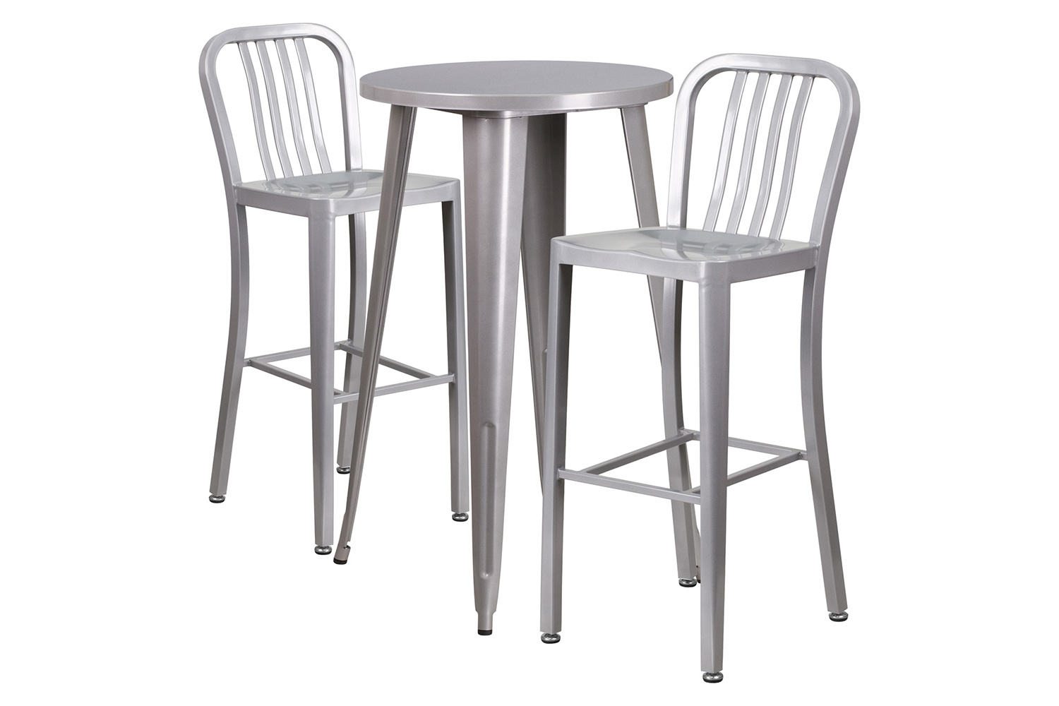 BLNK Earl Commercial Round Metal Indoor-Outdoor Bar Table Set with 2 Vertical Slat Back Stools - Silver