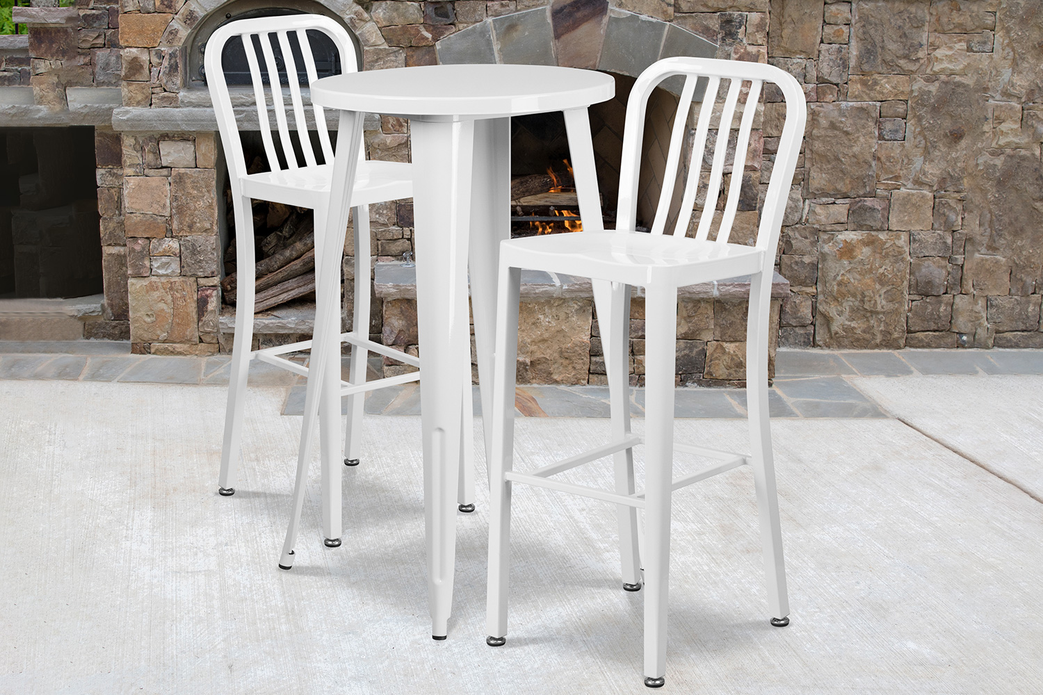 BLNK Earl Commercial Round Metal Indoor-Outdoor Bar Table Set with 2 Vertical Slat Back Stools