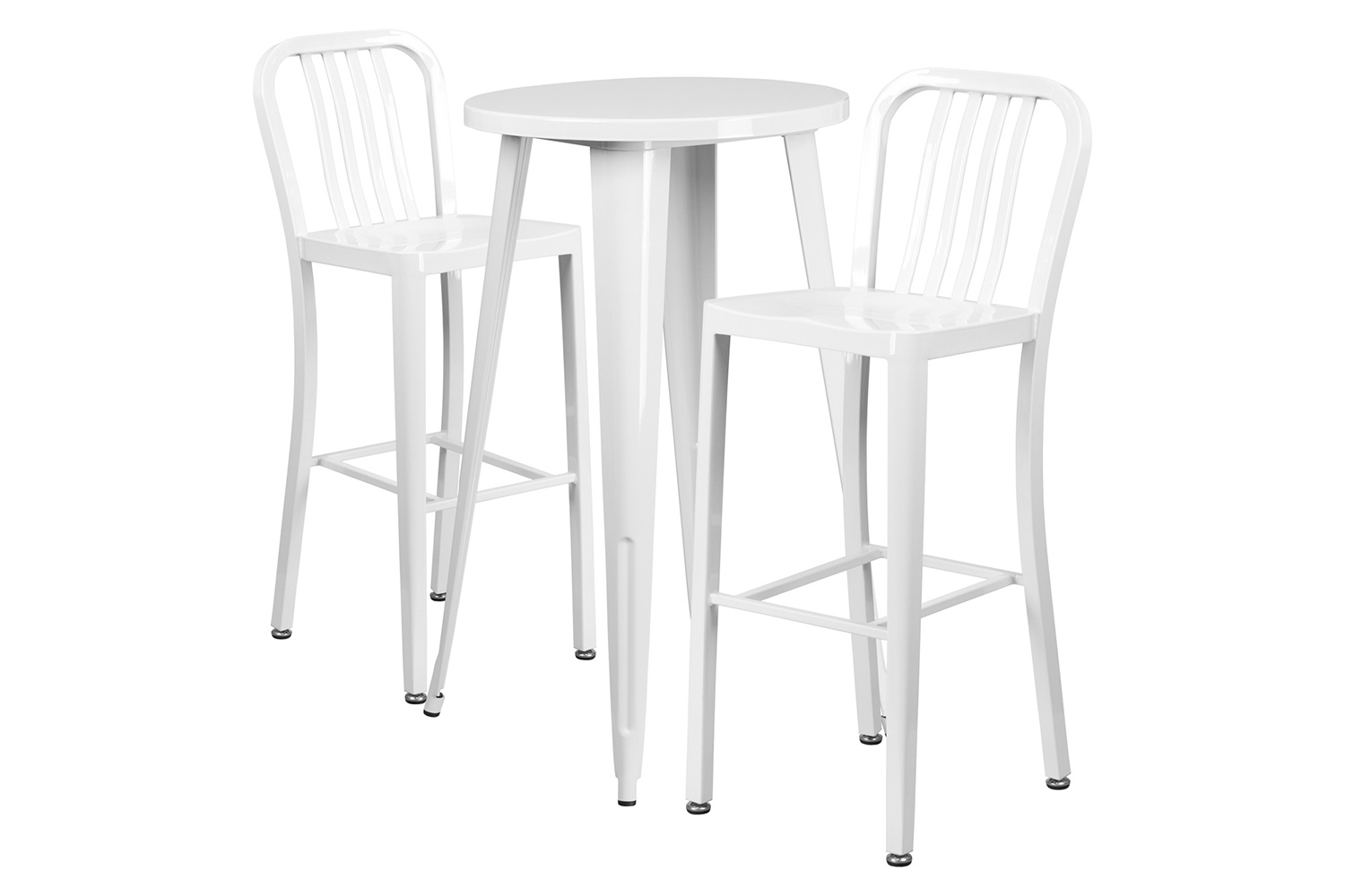 BLNK Earl Commercial Round Metal Indoor-Outdoor Bar Table Set with 2 Vertical Slat Back Stools - White