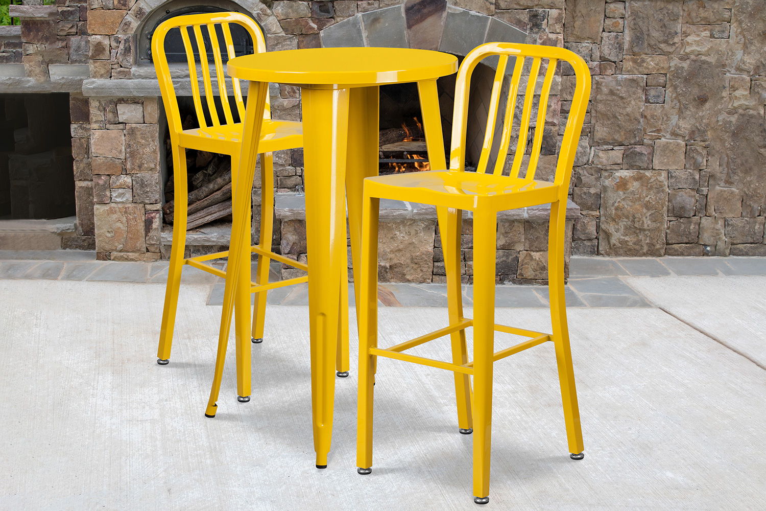 BLNK Earl Commercial Round Metal Indoor-Outdoor Bar Table Set with 2 Vertical Slat Back Stools