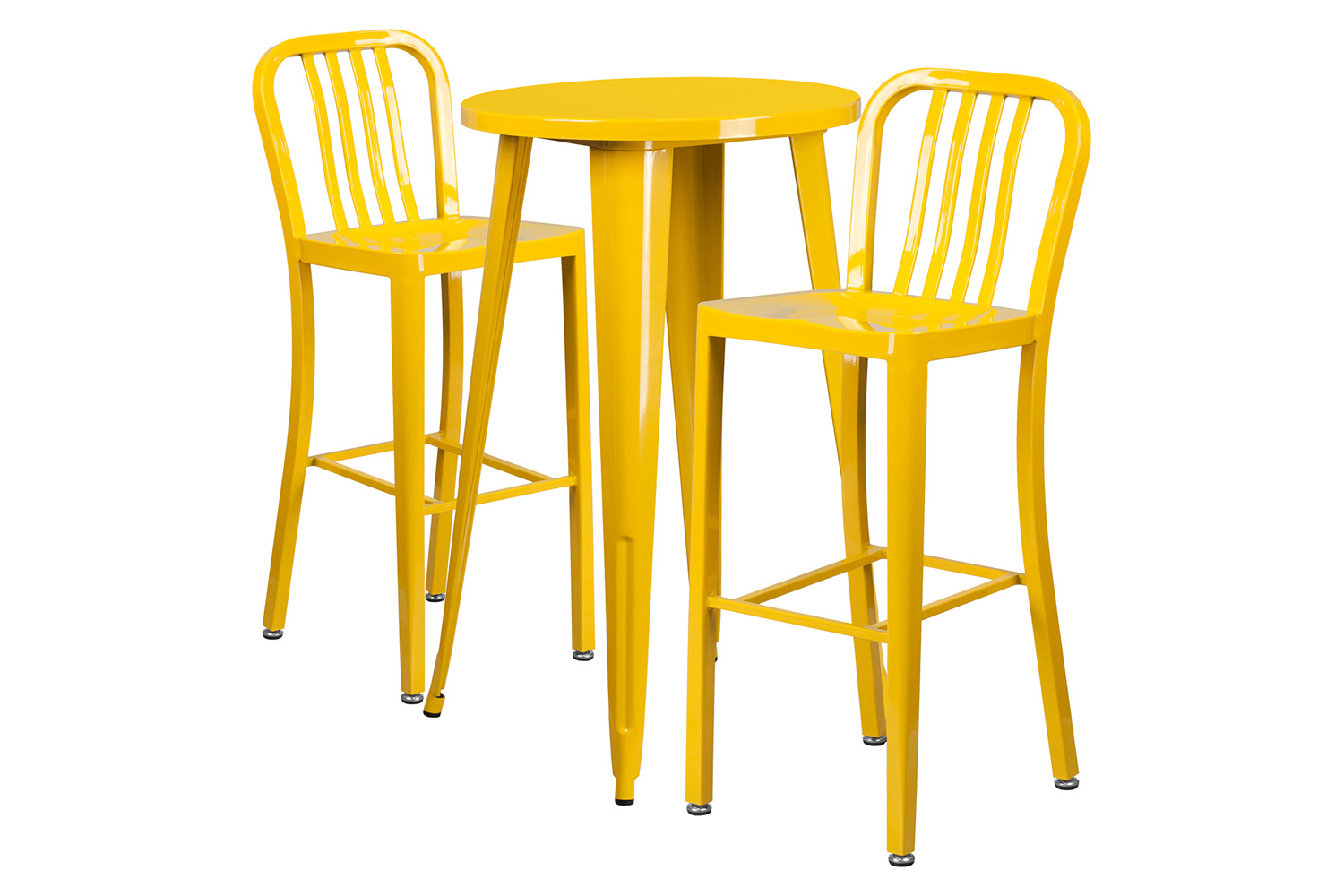 BLNK Earl Commercial Round Metal Indoor-Outdoor Bar Table Set with 2 Vertical Slat Back Stools - Yellow