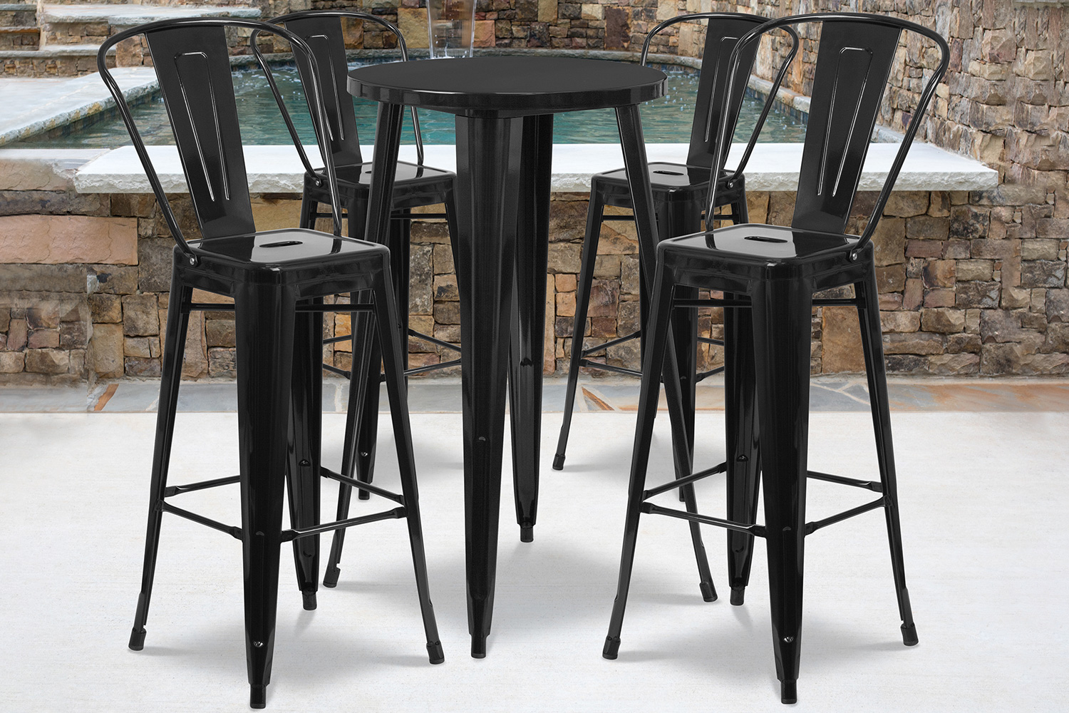 BLNK Dexter Commercial Round Metal Indoor-Outdoor Bar Table Set with 4 Cafe Stools