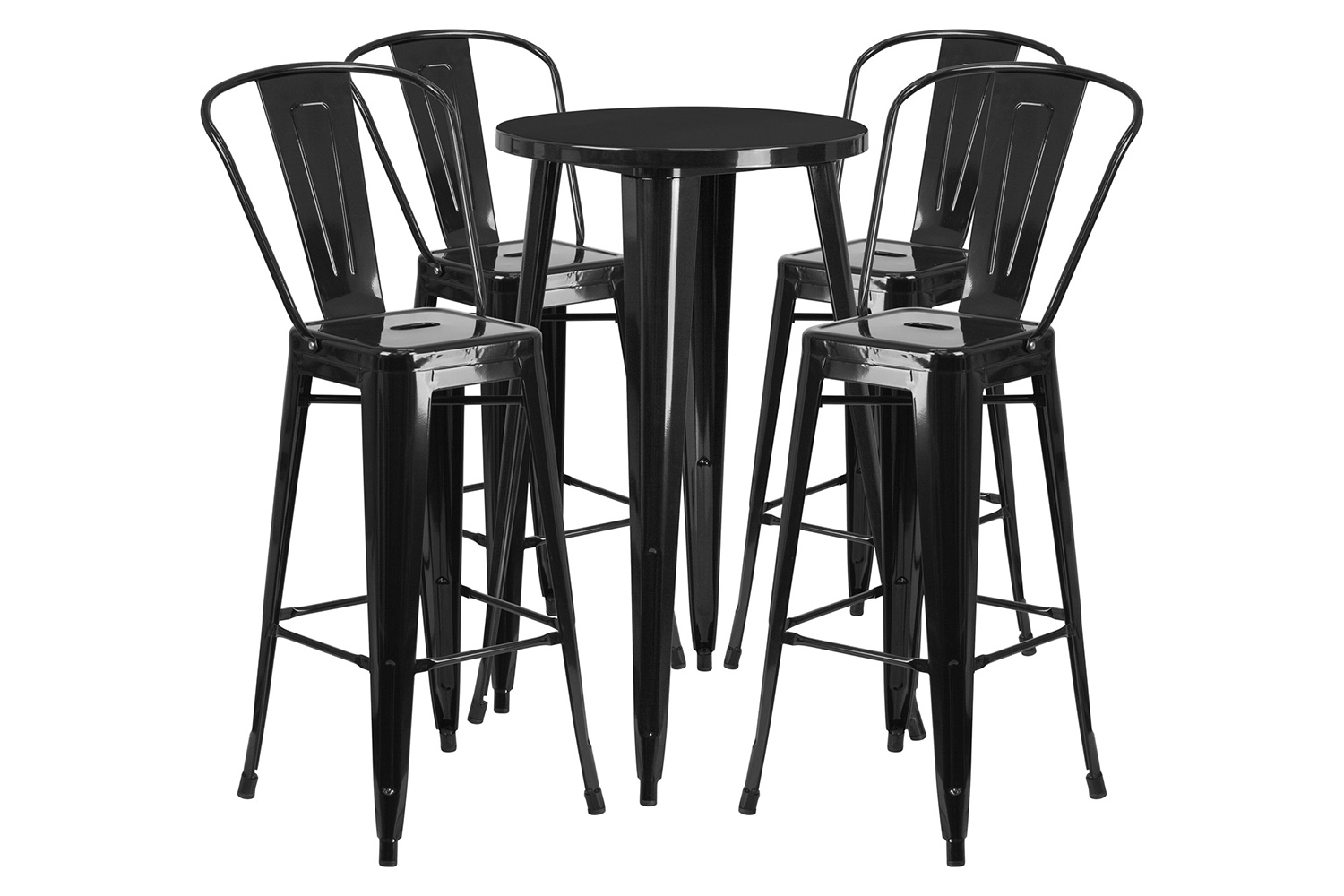 BLNK Dexter Commercial Round Metal Indoor-Outdoor Bar Table Set with 4 Cafe Stools - Black