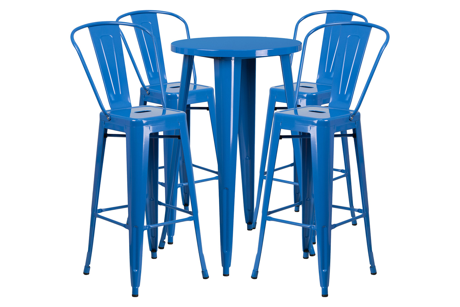 BLNK Dexter Commercial Round Metal Indoor-Outdoor Bar Table Set with 4 Cafe Stools - Blue